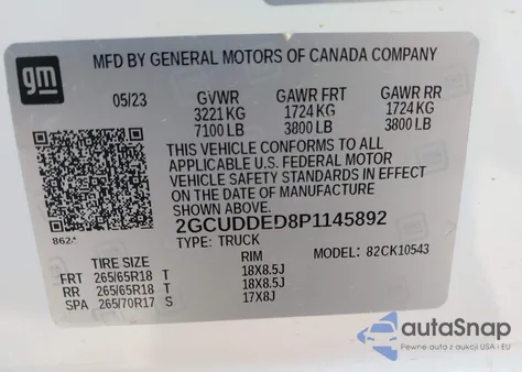 2023 Chevrolet Silverado 1500 4Wd Standard Bed Lt из США, поврежденный, VIN 2GCUDDED8P1145892